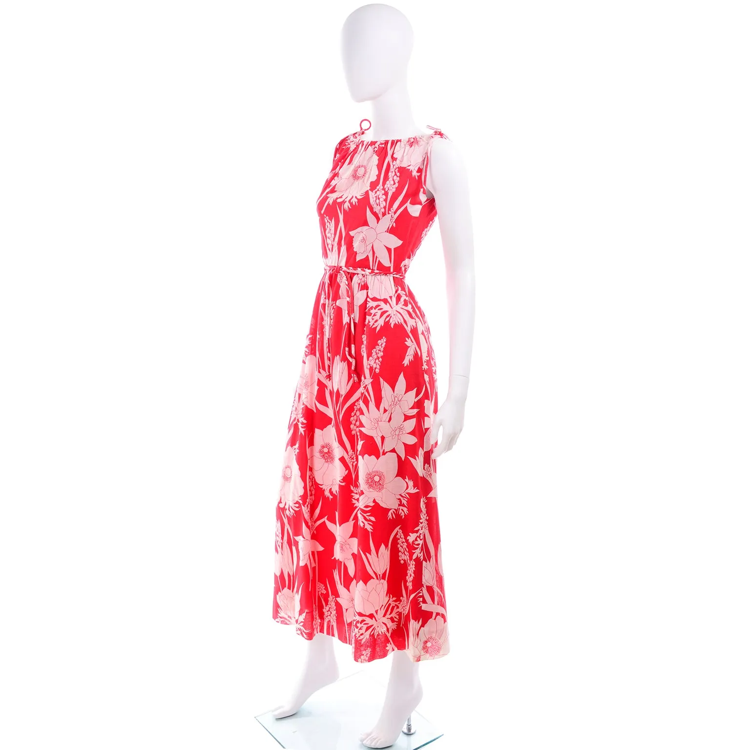 1970s Adele Simpson Red & White Cotton Floral Dress & Cape 4/6