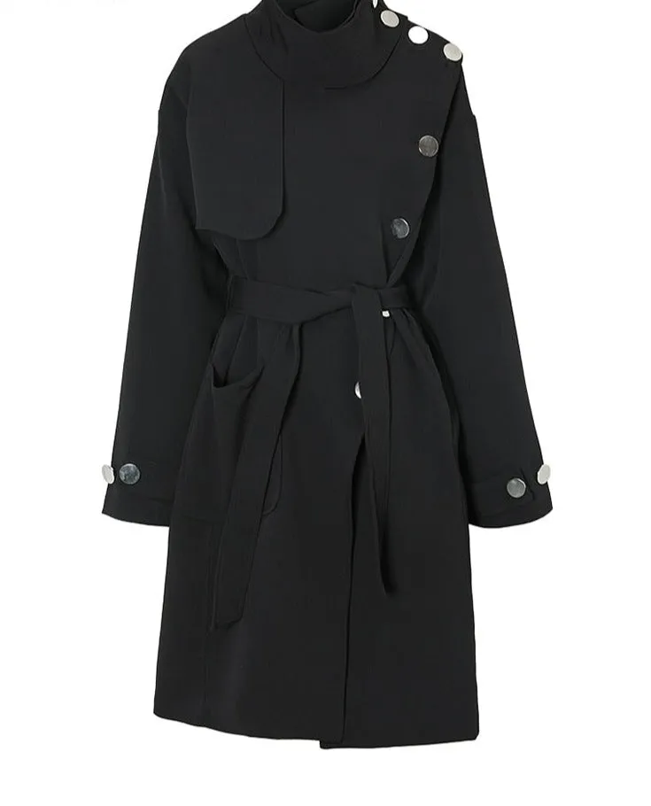 Black Button Big Size Long Trench New Stand Collar Long Sleeve Windbreaker