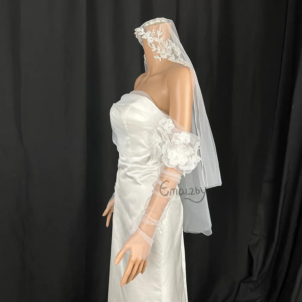 Bridal Pearl Lux Bridal Sheer Tulle topper with Long Sleeves. Modern Bridal Top BYRSWP51