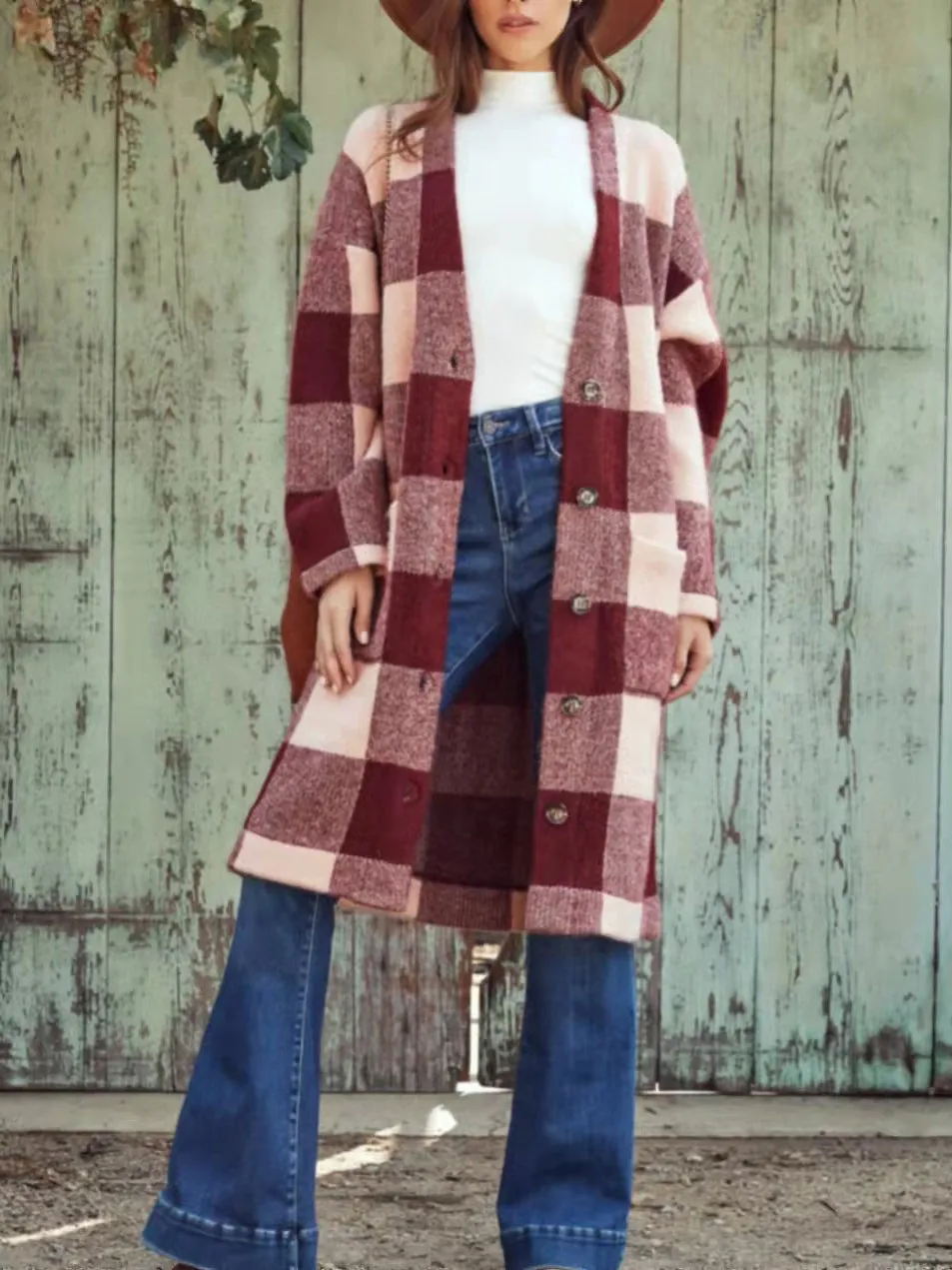 Button Down Long Sleeve Plaid Outerwear Coat