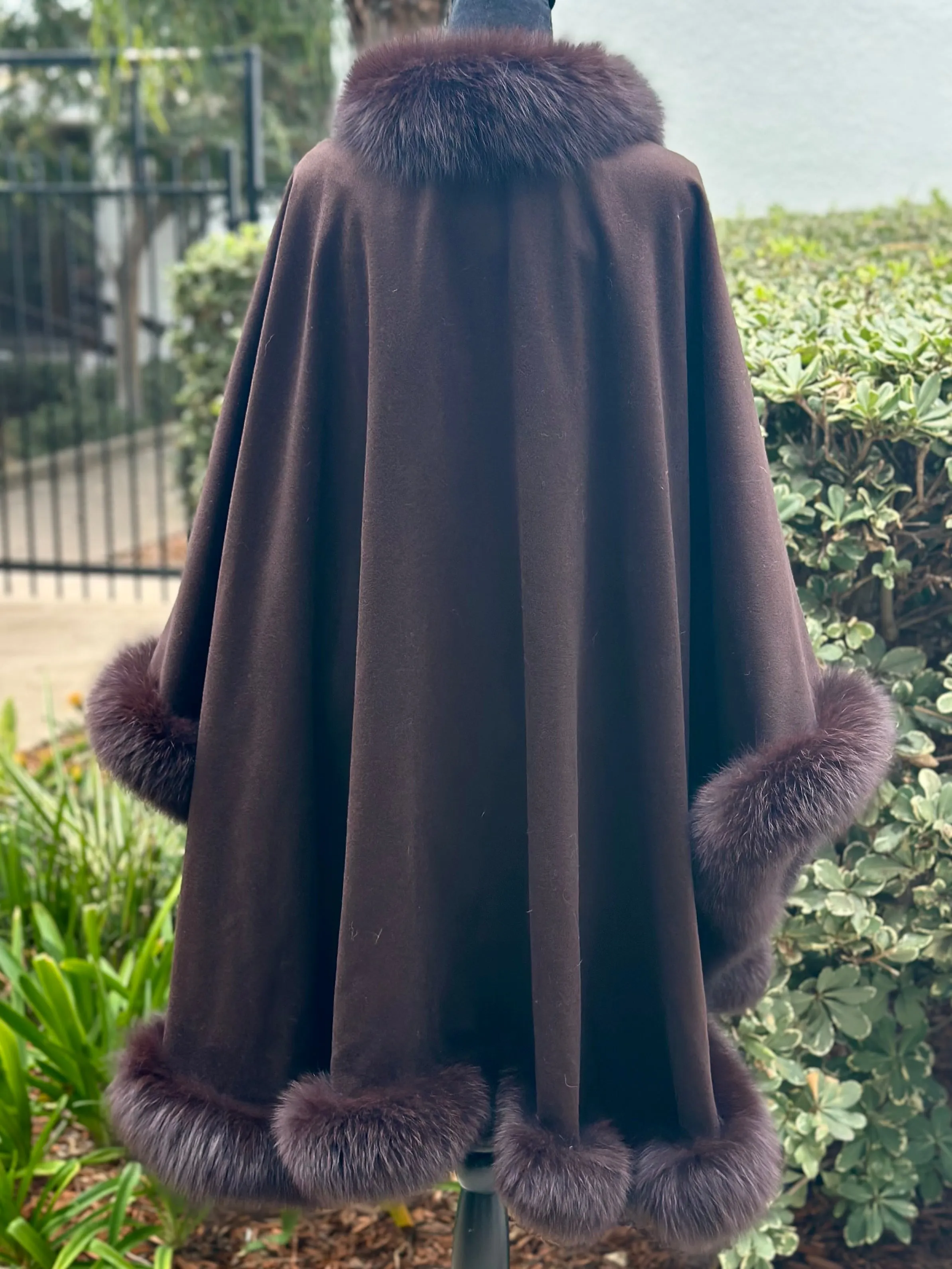 Cashmere Cape With Fox Fur Trim- Dark Brown (preowned)