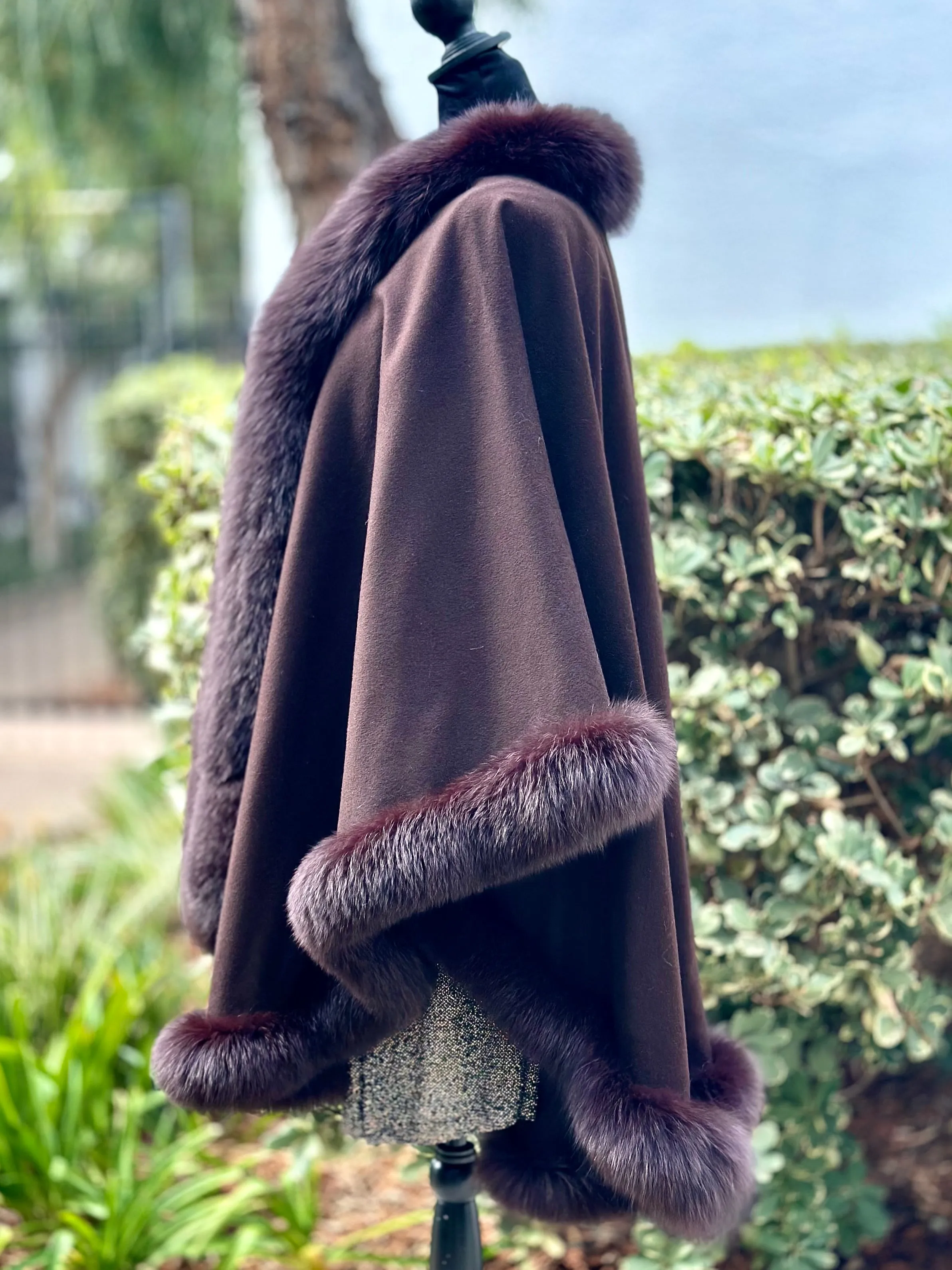 Cashmere Cape With Fox Fur Trim- Dark Brown (preowned)