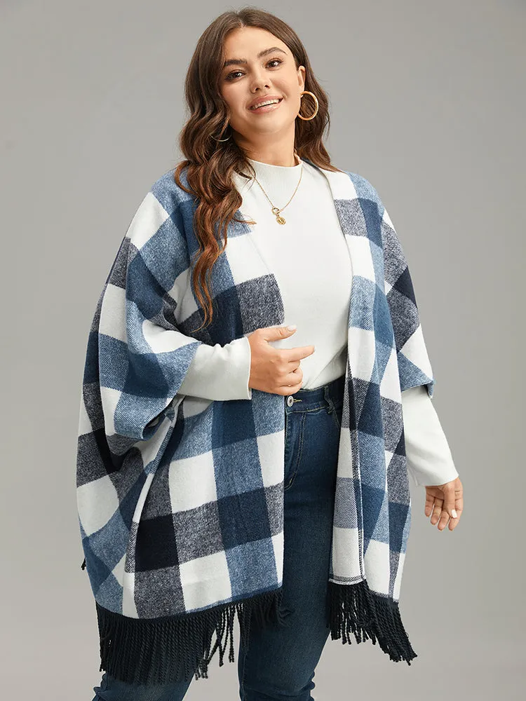 Contrast Plaid Tassels Trim Hem Coat