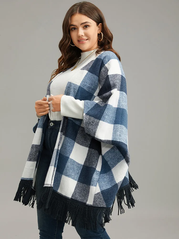 Contrast Plaid Tassels Trim Hem Coat