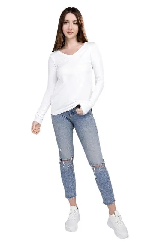 Cotton V-Neck Long Sleeve T-Shirt