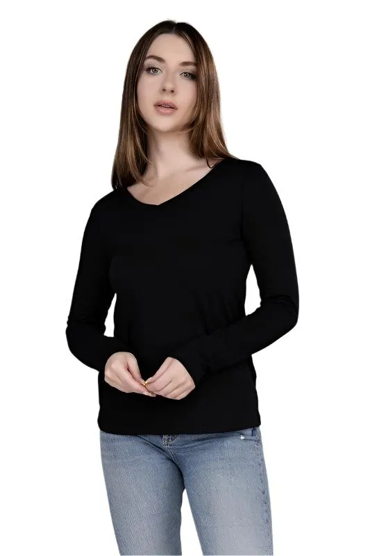 Cotton V-Neck Long Sleeve T-Shirt