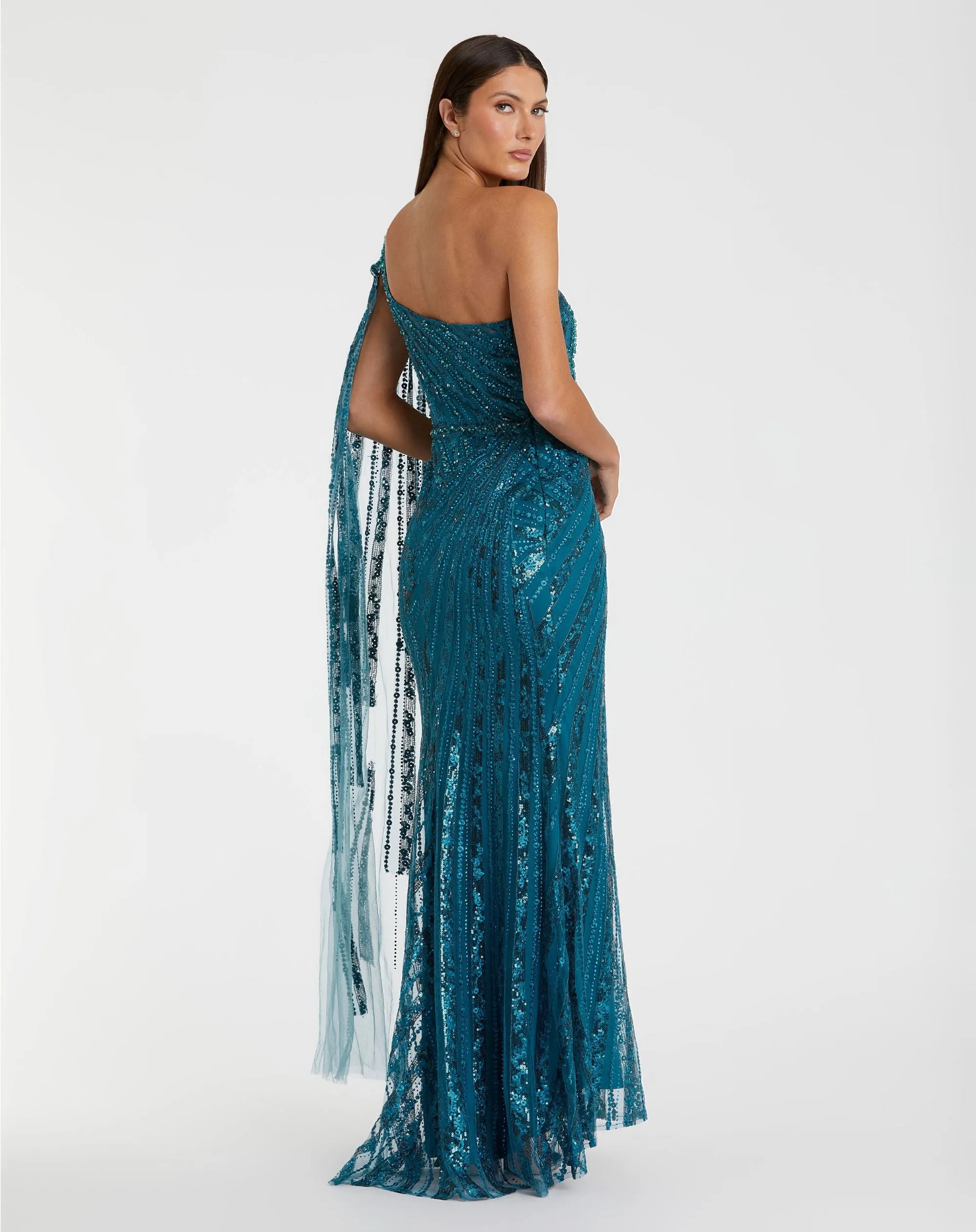 Dark Blue One Shoulder Cape Sleeve Embellished Gown