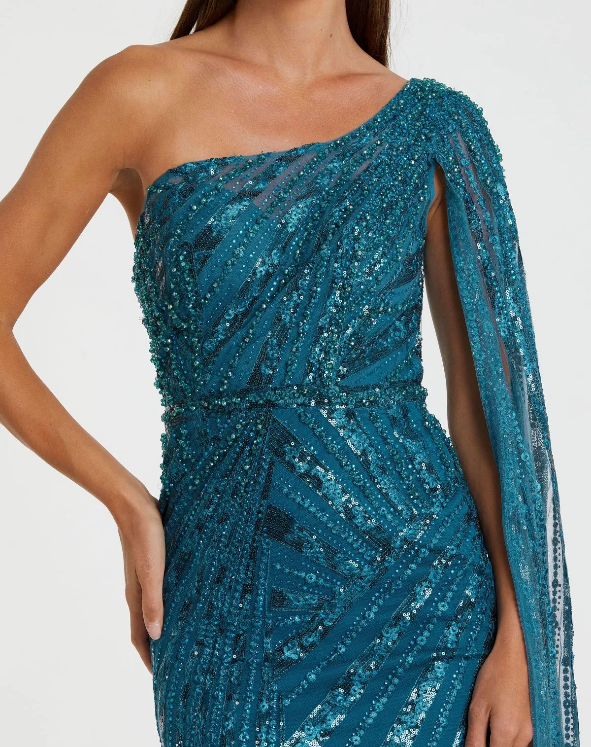 Dark Blue One Shoulder Cape Sleeve Embellished Gown