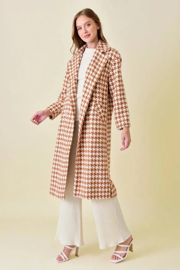 Elegant Long Sleeve Houndstooth Long Coat RUST/IVORY