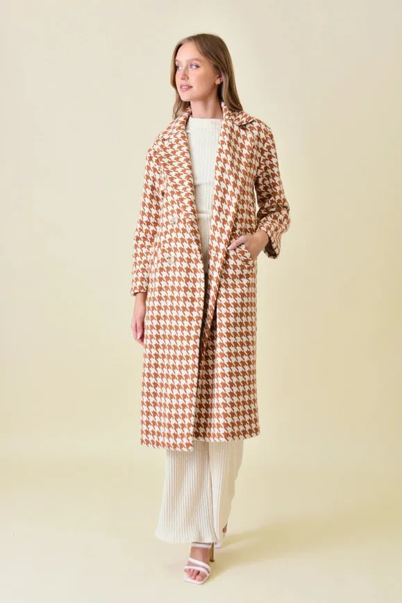 Elegant Long Sleeve Houndstooth Long Coat RUST/IVORY