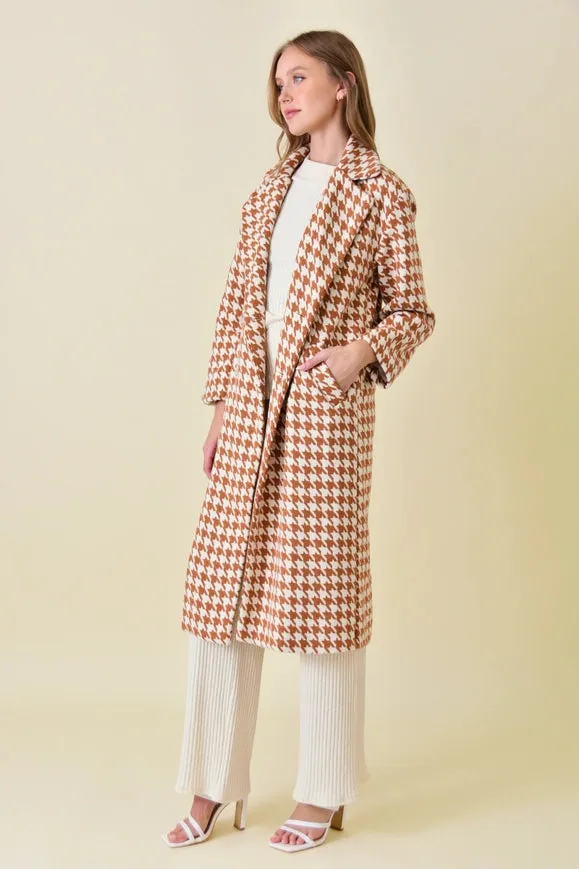 Elegant Long Sleeve Houndstooth Long Coat RUST/IVORY