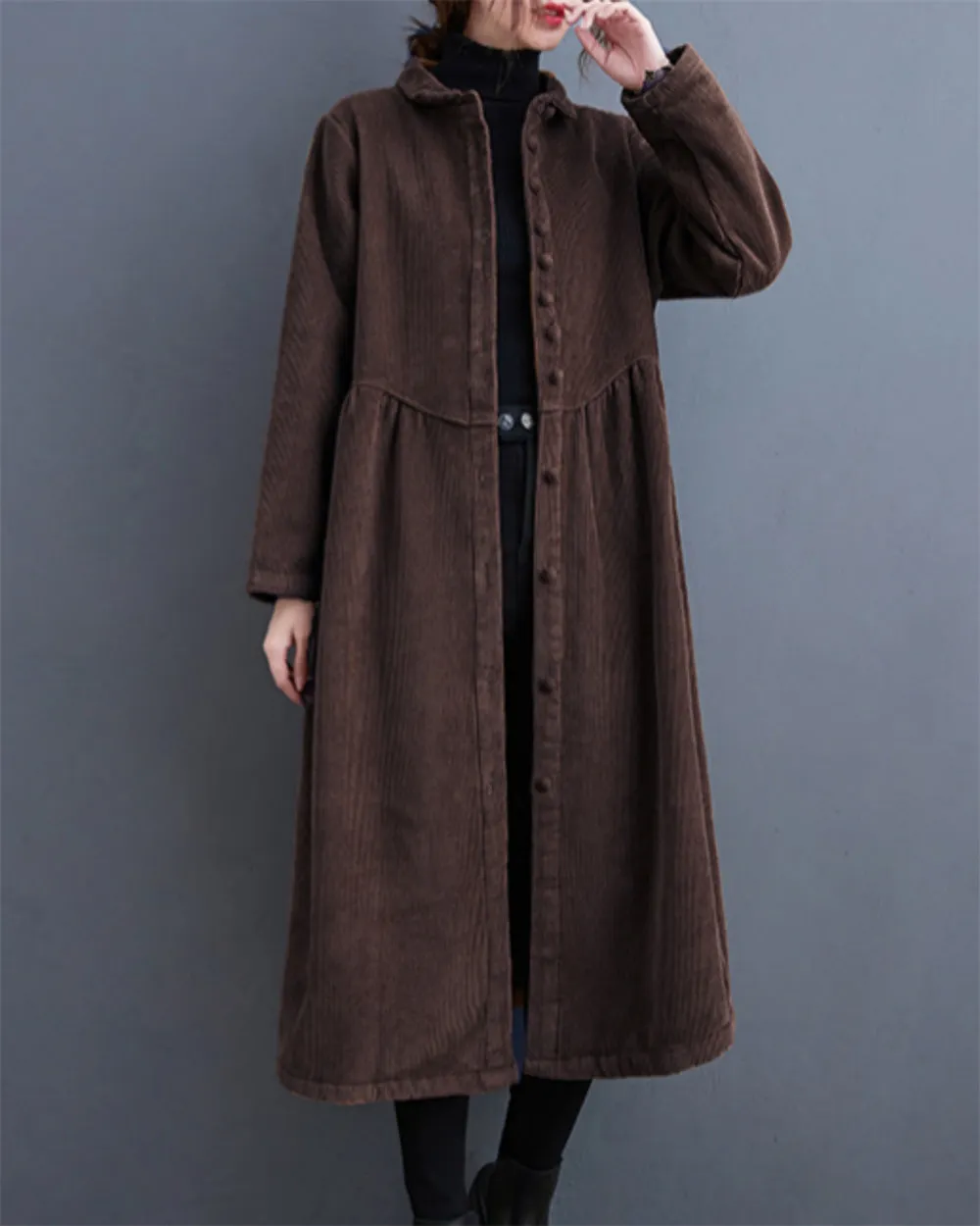 ellazhu Women's Baggy Solid Thickened Button Down Corduroy Trench Coat GZ53