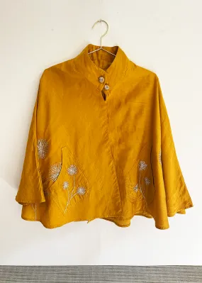 Embroidered Cape Jacket-Mustard Yellow Chanderi Cotton-Silk