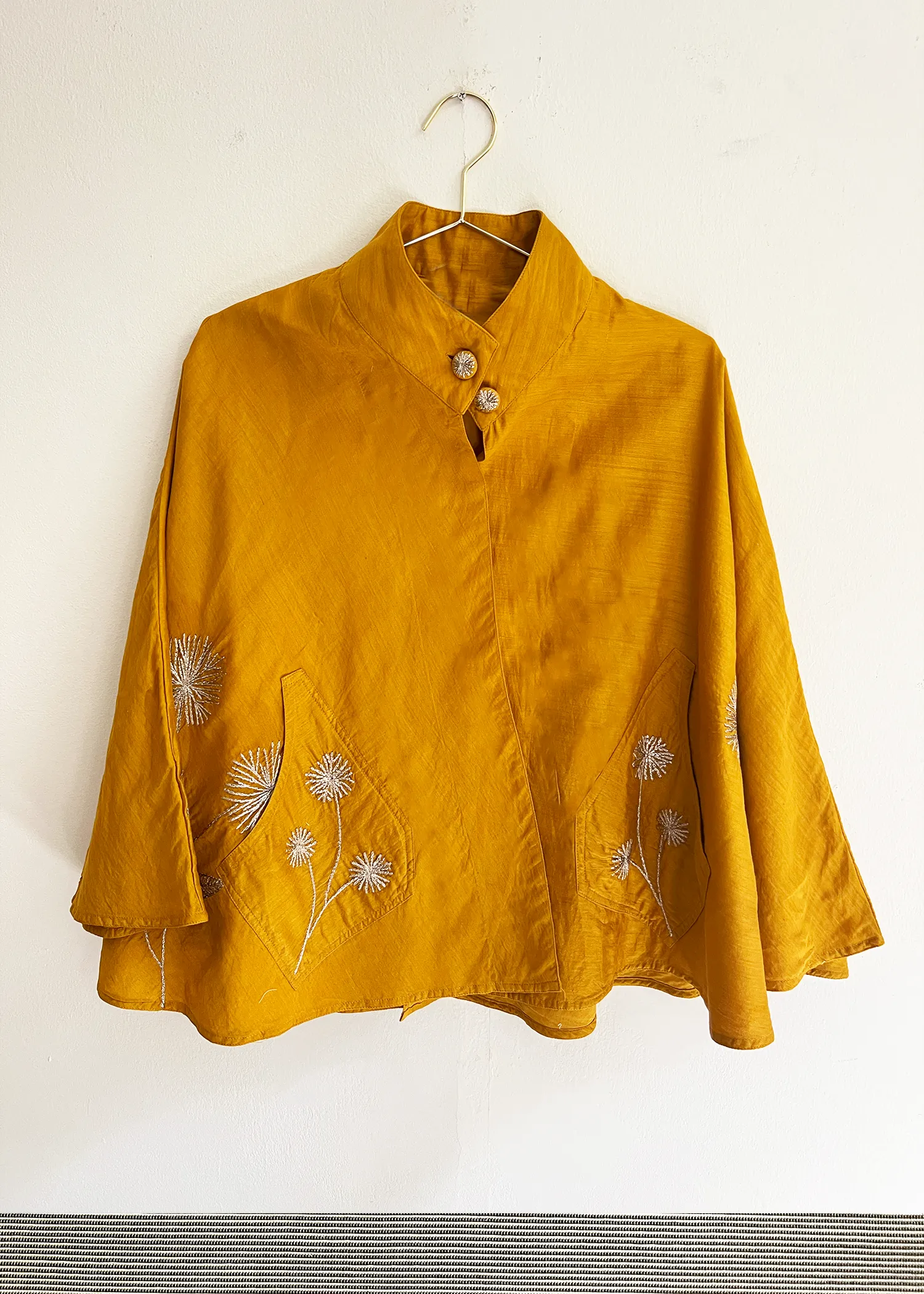 Embroidered Cape Jacket-Mustard Yellow Chanderi Cotton-Silk