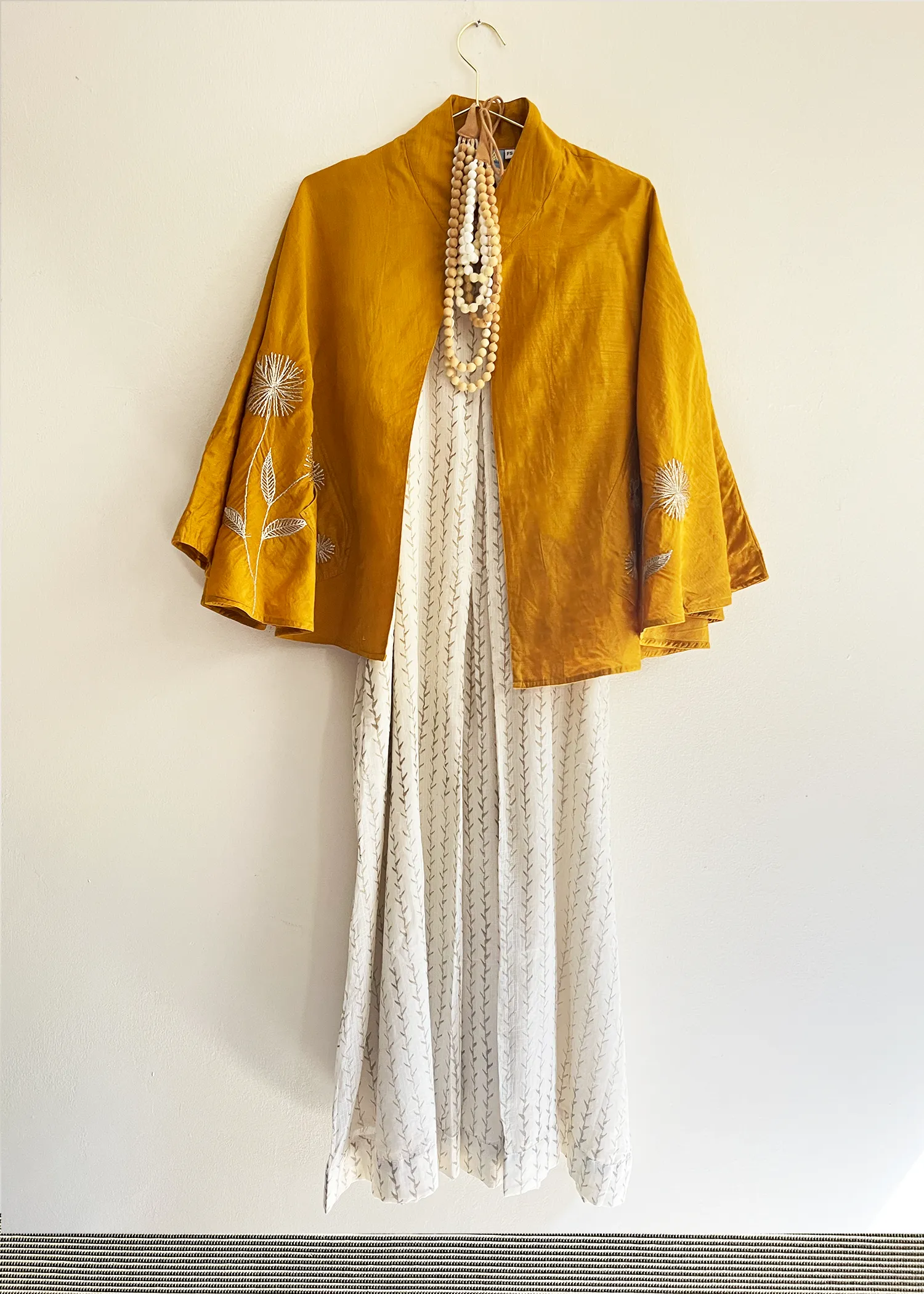 Embroidered Cape Jacket-Mustard Yellow Chanderi Cotton-Silk