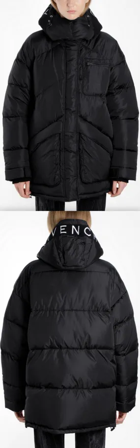 Embroidered Puffer Down Coat, Black