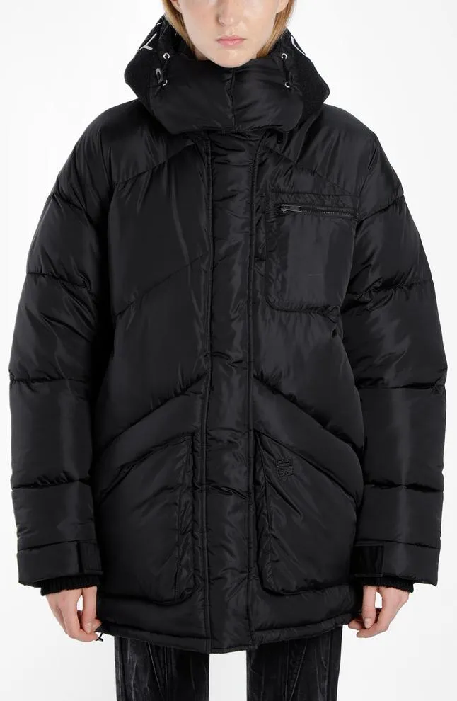 Embroidered Puffer Down Coat, Black