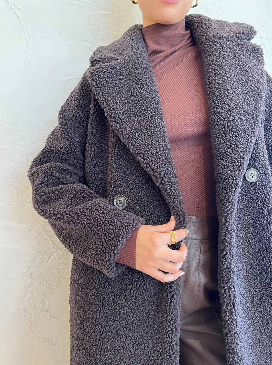 Ena Pelly Amber Oversized Teddy Coat in Seal brown