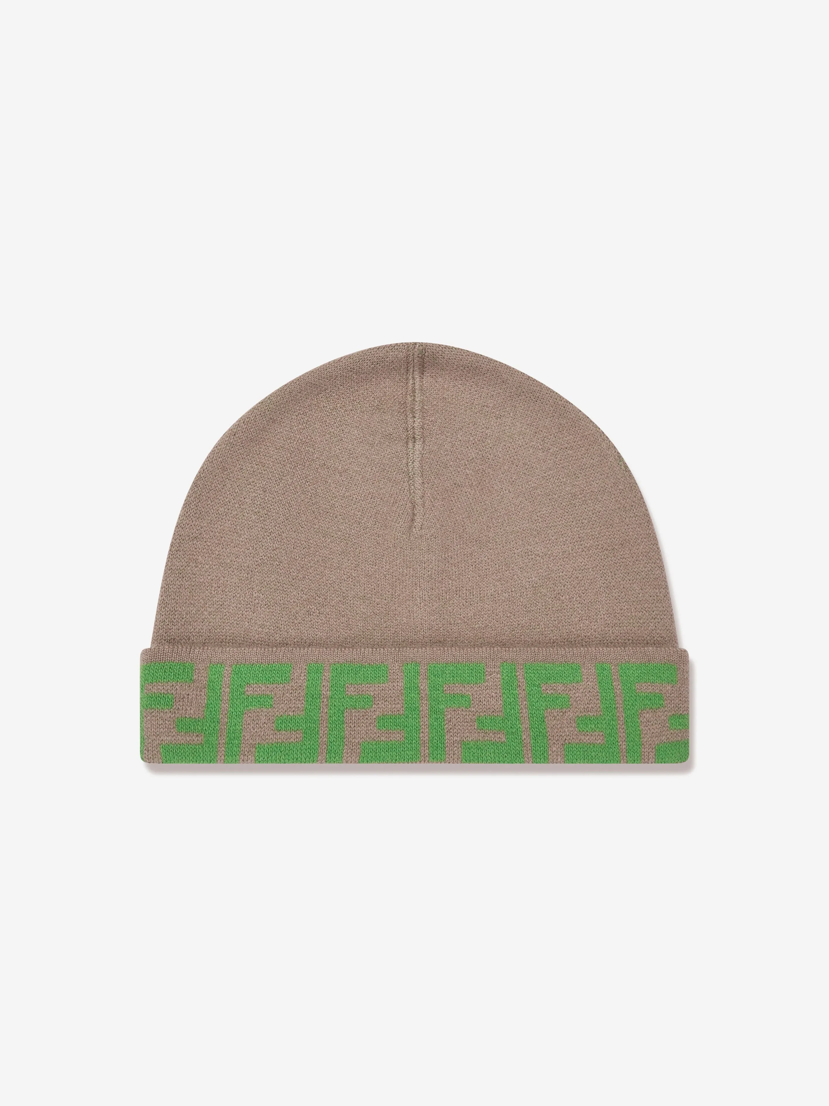 Fendi Kids FF Logo Reversible Beanie in Beige