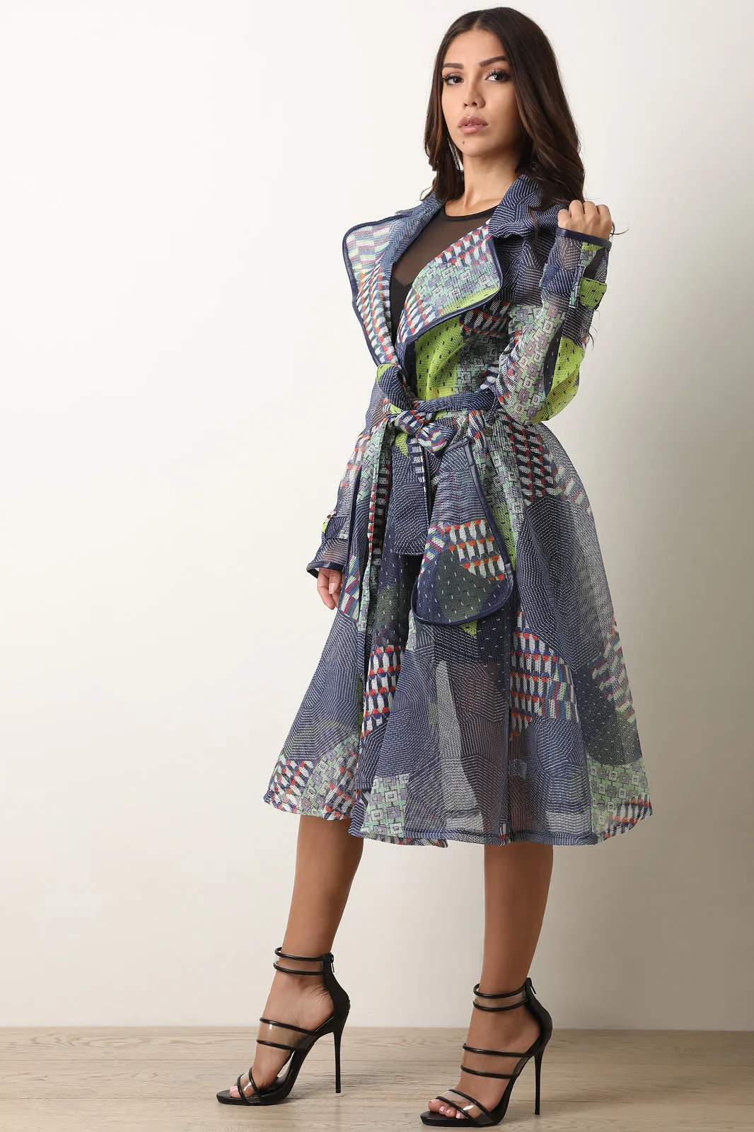 Geometric Pattern Netted Mesh Trench Coat