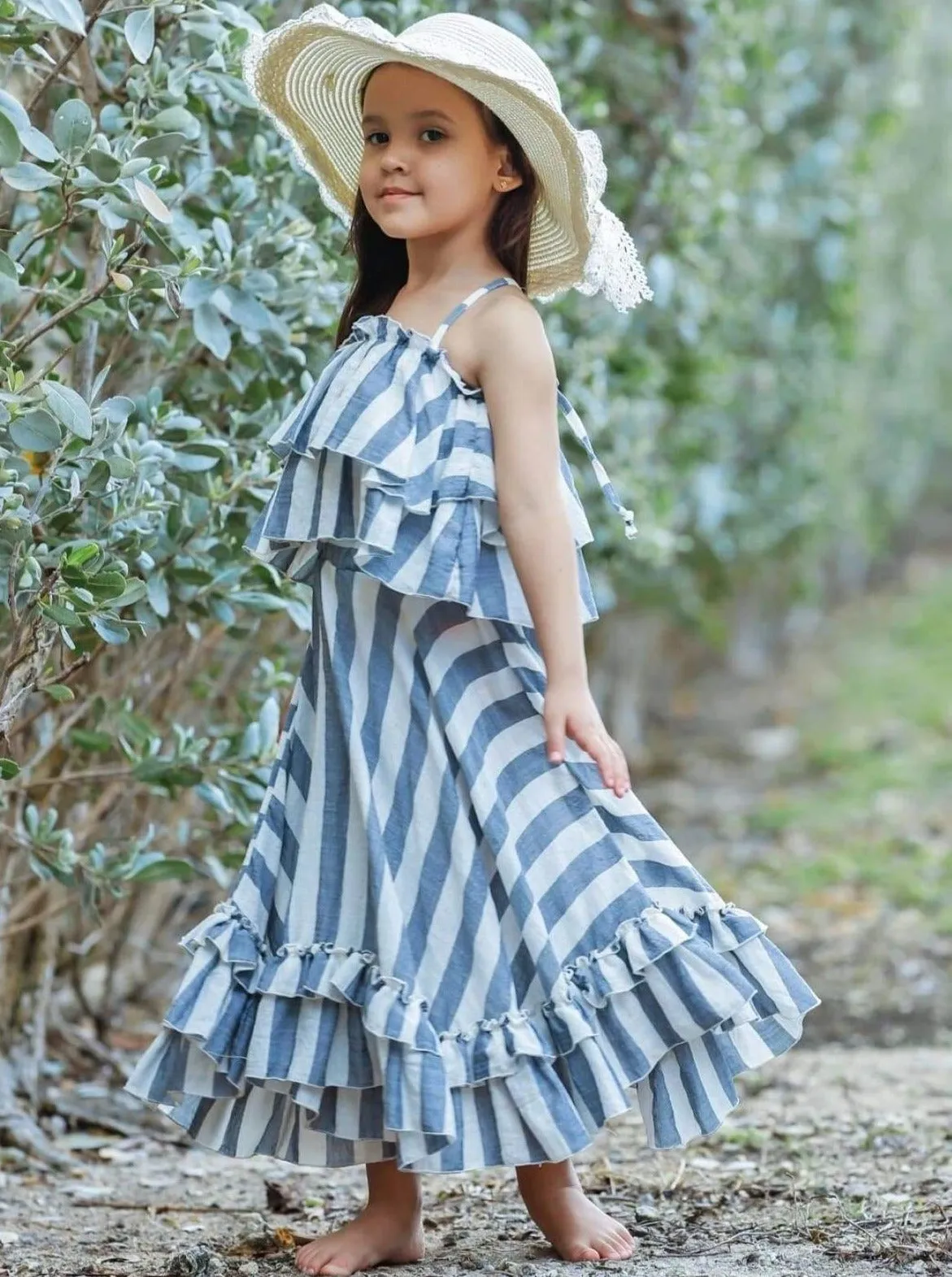 Girls Hello Honey Double Ruffle Striped Crop Top and Maxi Skirt Set