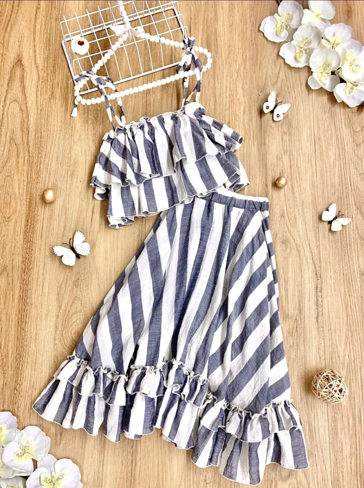 Girls Hello Honey Double Ruffle Striped Crop Top and Maxi Skirt Set