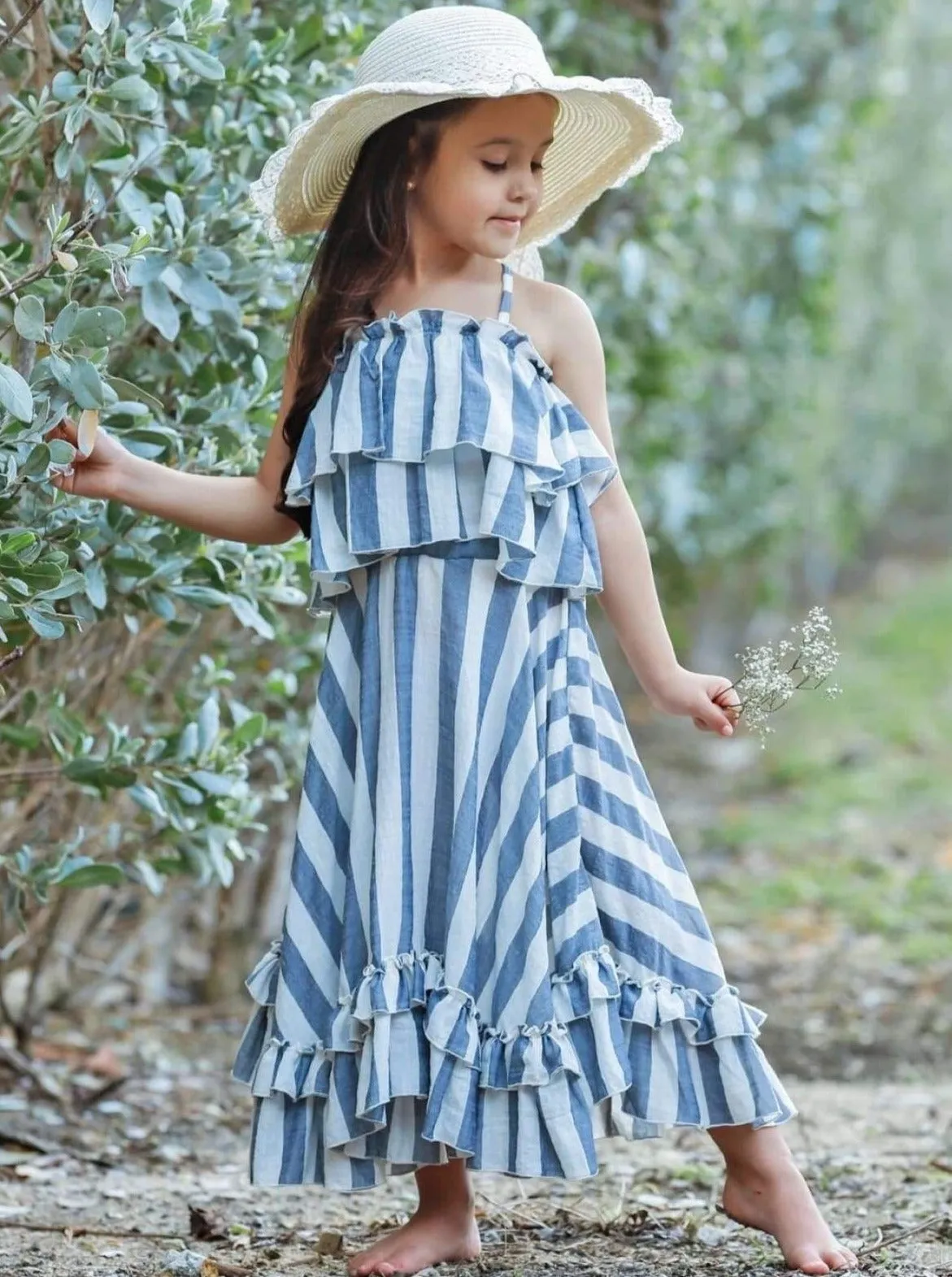 Girls Hello Honey Double Ruffle Striped Crop Top and Maxi Skirt Set