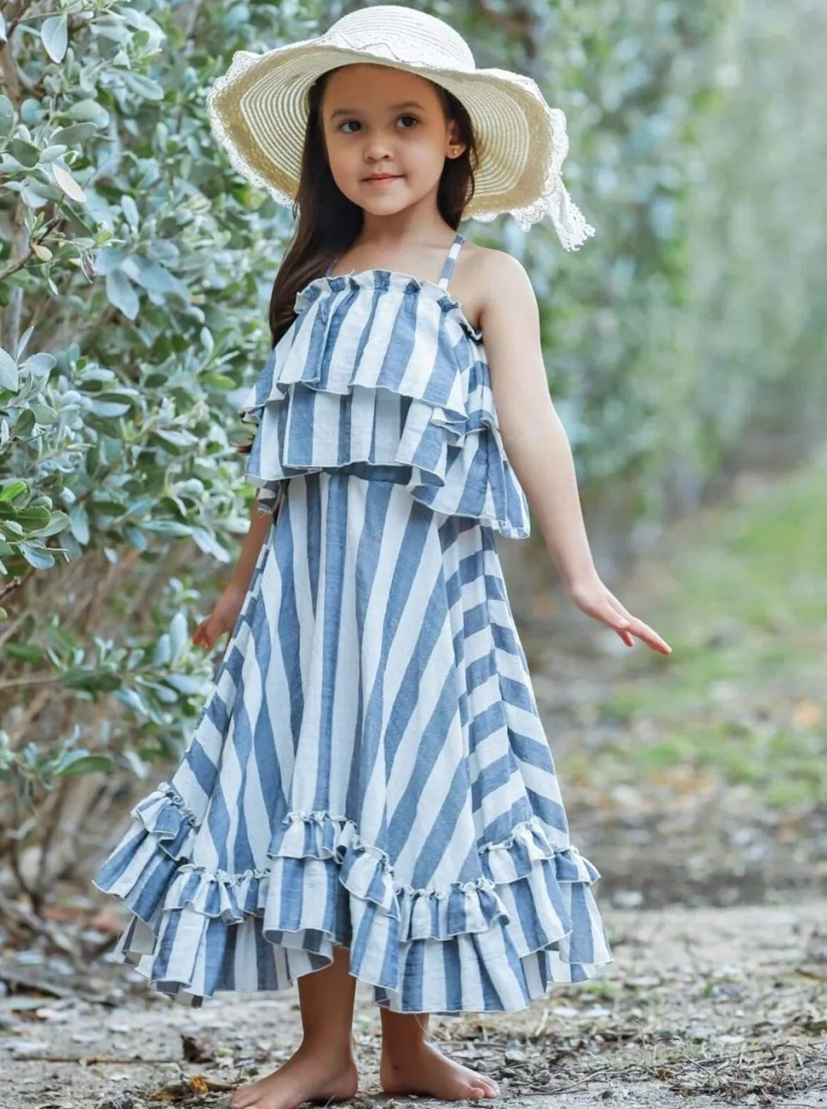 Girls Hello Honey Double Ruffle Striped Crop Top and Maxi Skirt Set