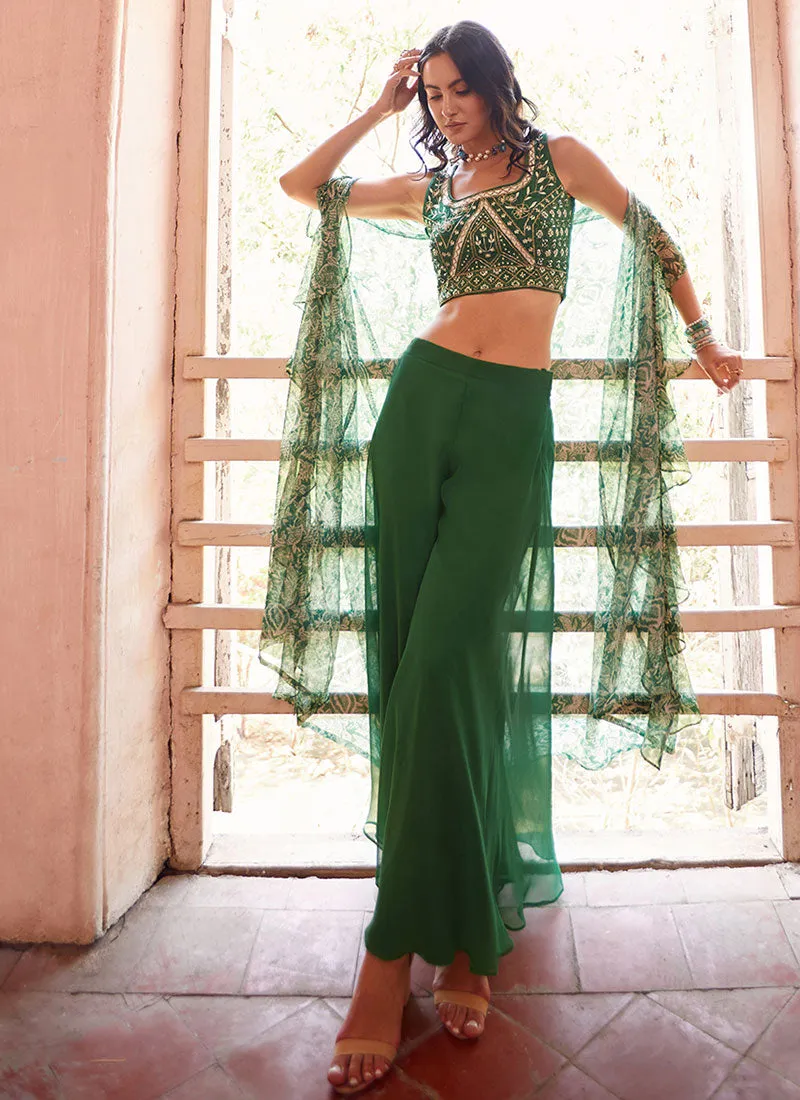 Green Multi Embroidered Cape Style Co-Ord Sharara Set