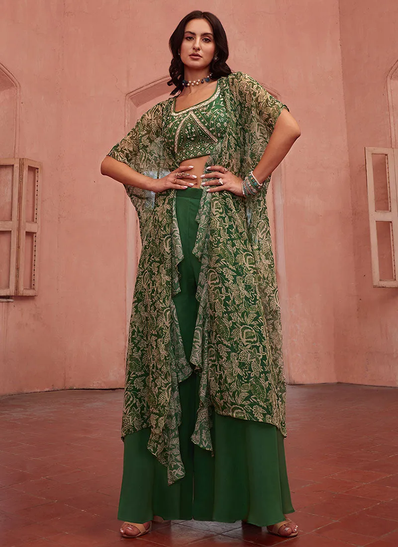 Green Multi Embroidered Cape Style Co-Ord Sharara Set