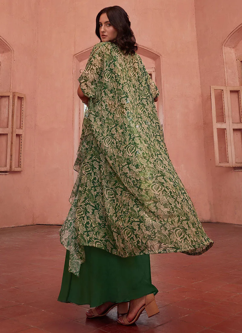 Green Multi Embroidered Cape Style Co-Ord Sharara Set