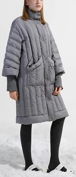 Grey Paneled Puffer Coat with Knit Cuffs