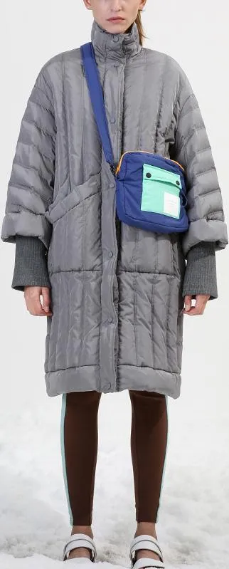 Grey Paneled Puffer Coat with Knit Cuffs