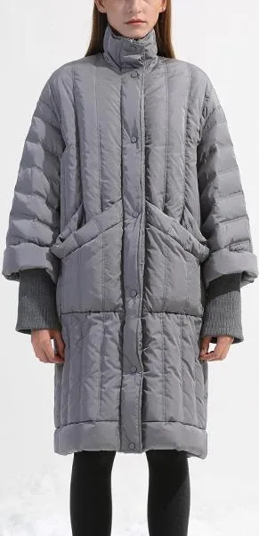 Grey Paneled Puffer Coat with Knit Cuffs