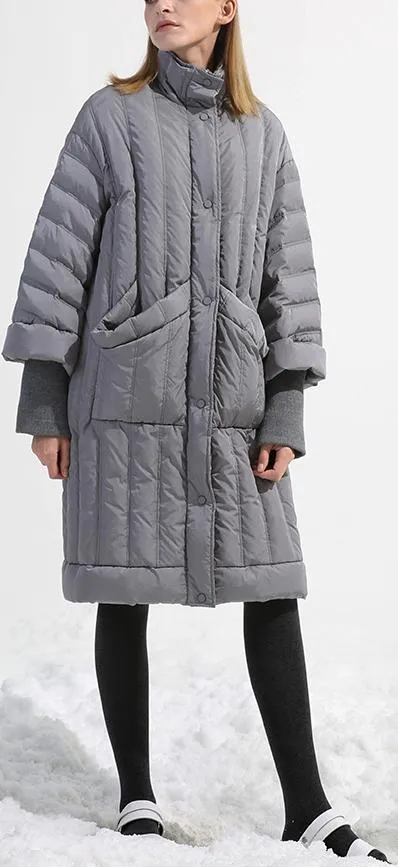 Grey Paneled Puffer Coat with Knit Cuffs