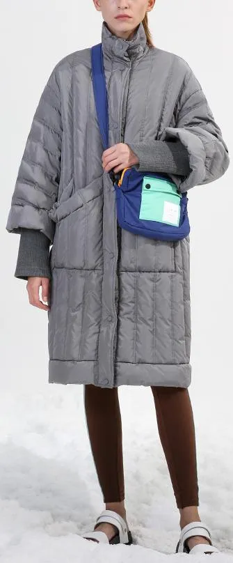 Grey Paneled Puffer Coat with Knit Cuffs