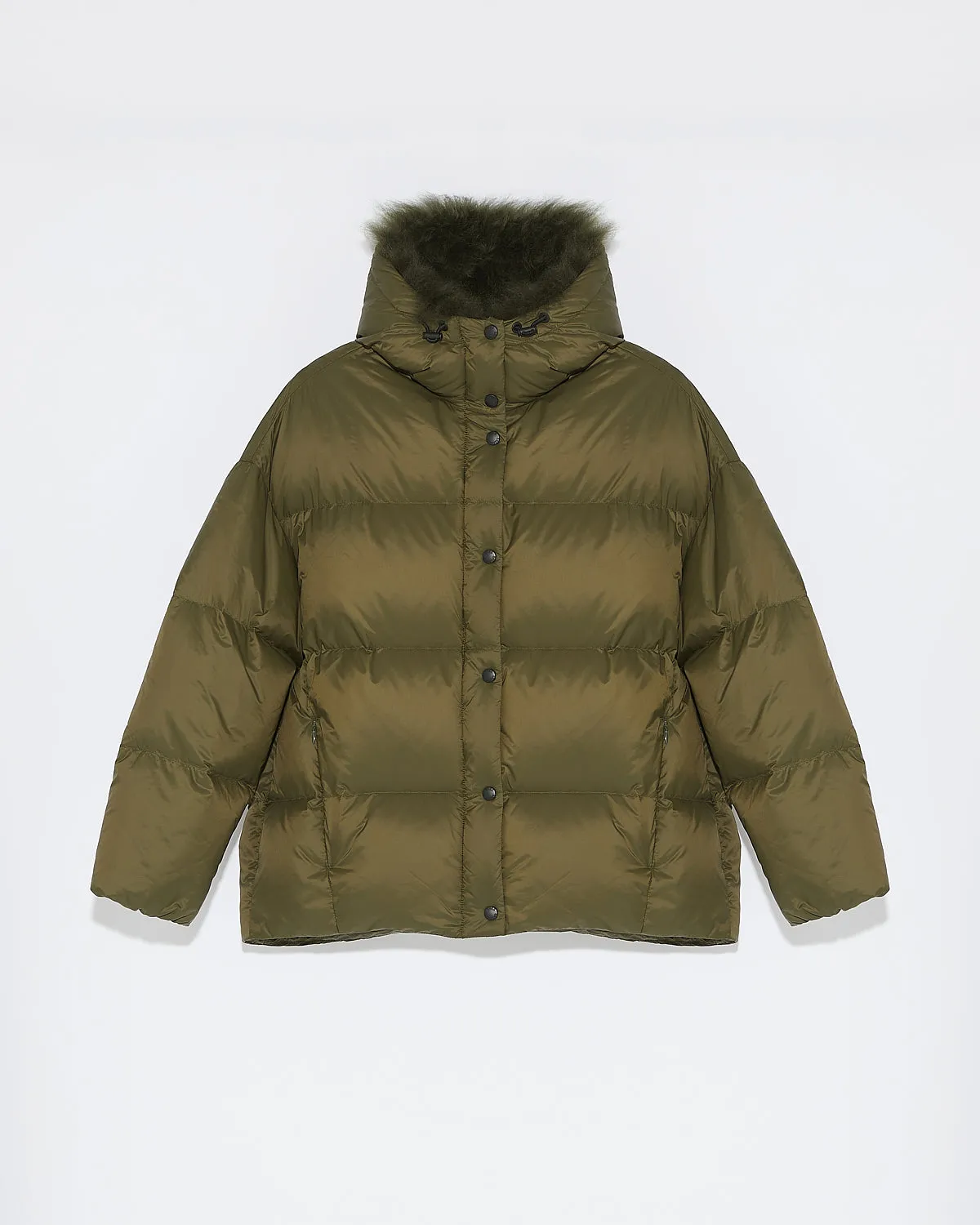 Hooded down jacket with fluffy lambswool trim