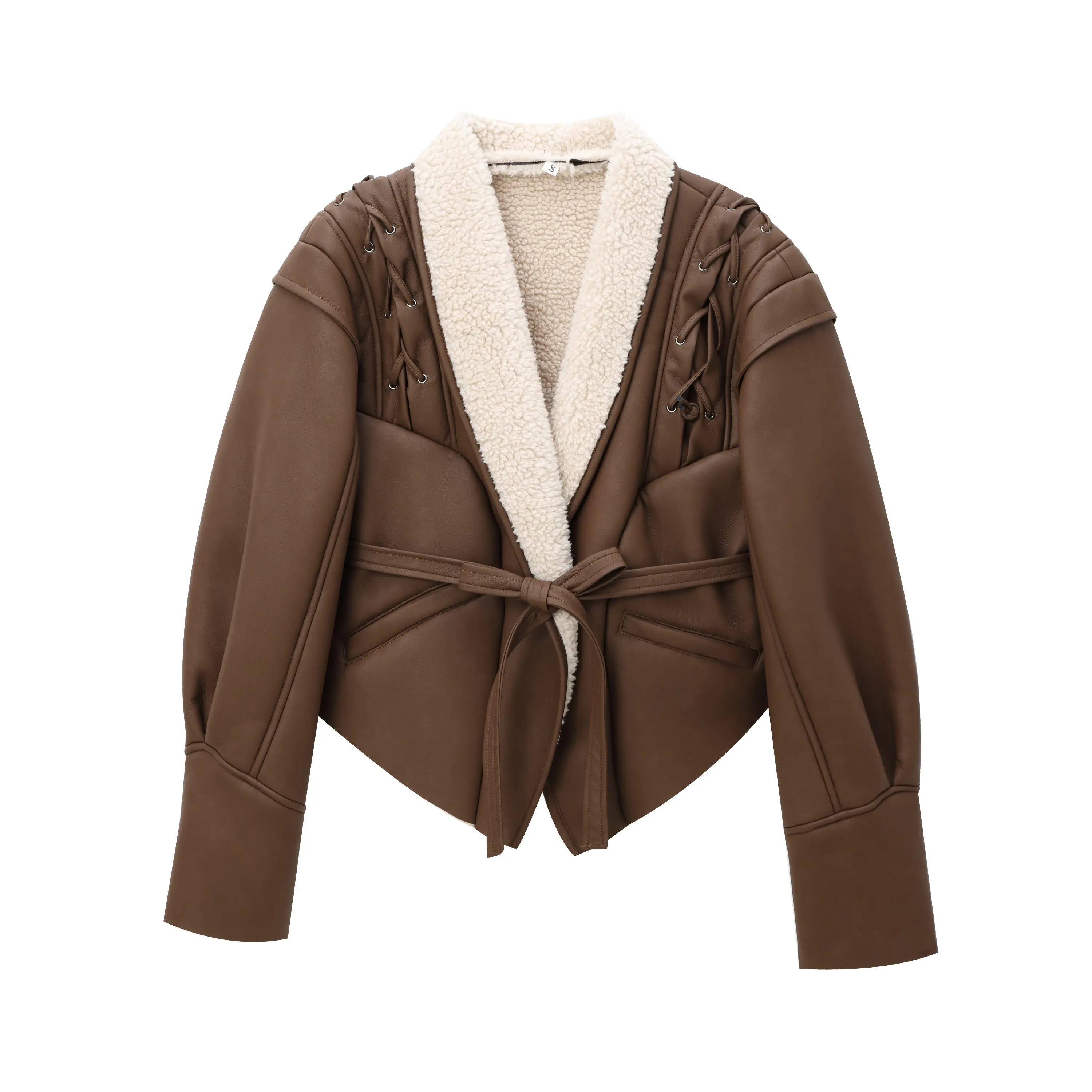 Isabella Luxe Shearling-Trimmed Leather Wrap Coat