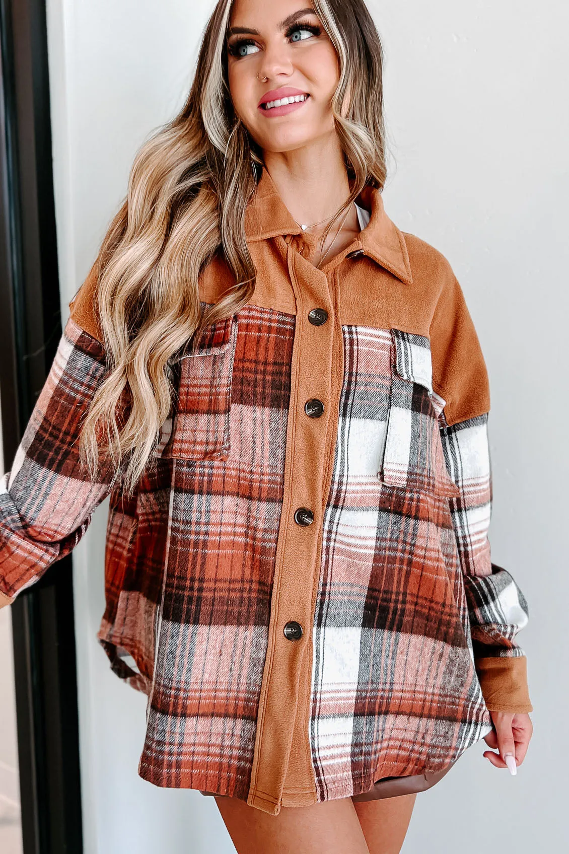 It All Adds Up Colorblock Plaid Shacket (Brown)