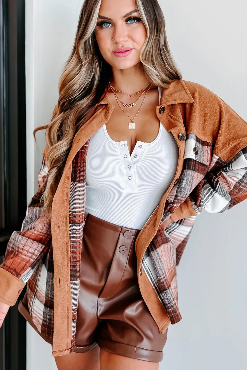 It All Adds Up Colorblock Plaid Shacket (Brown)