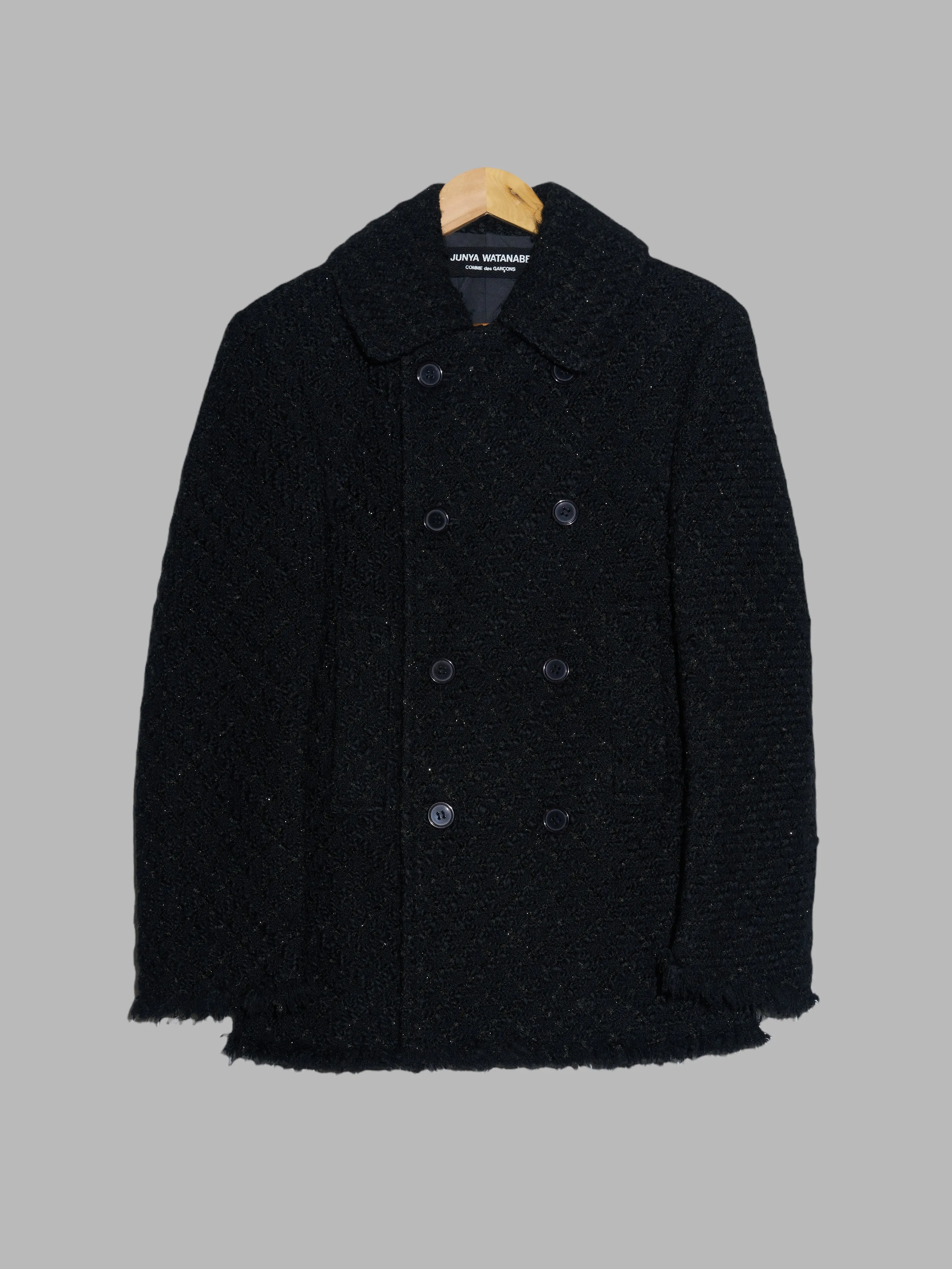 Junya Watanabe Comme des Garcons black wool boucle unfinished hem pea coat