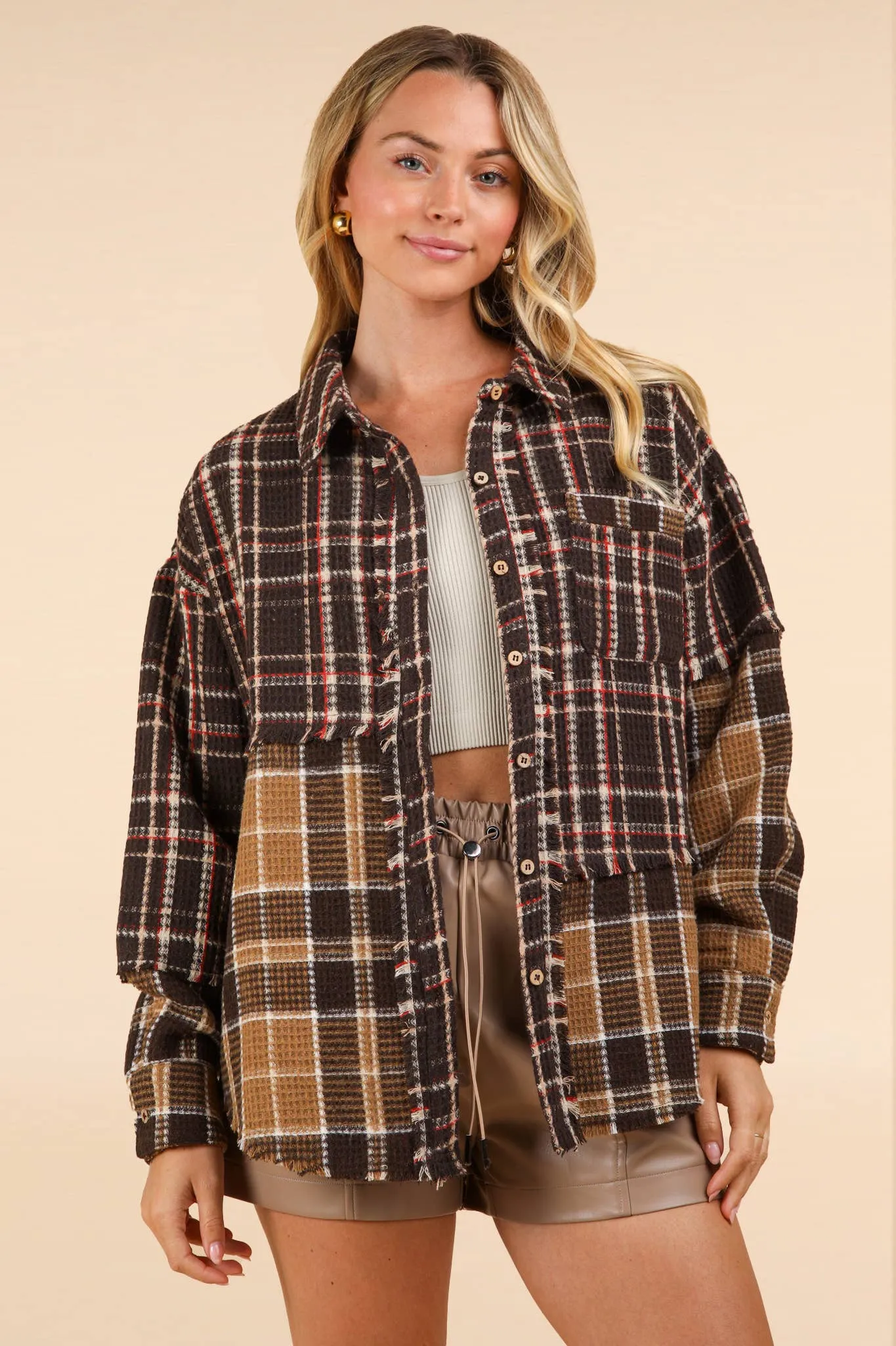 LONG SLEEVE MIXED PLAID BUTTON DOWN TOP WITH FRAYED HEM