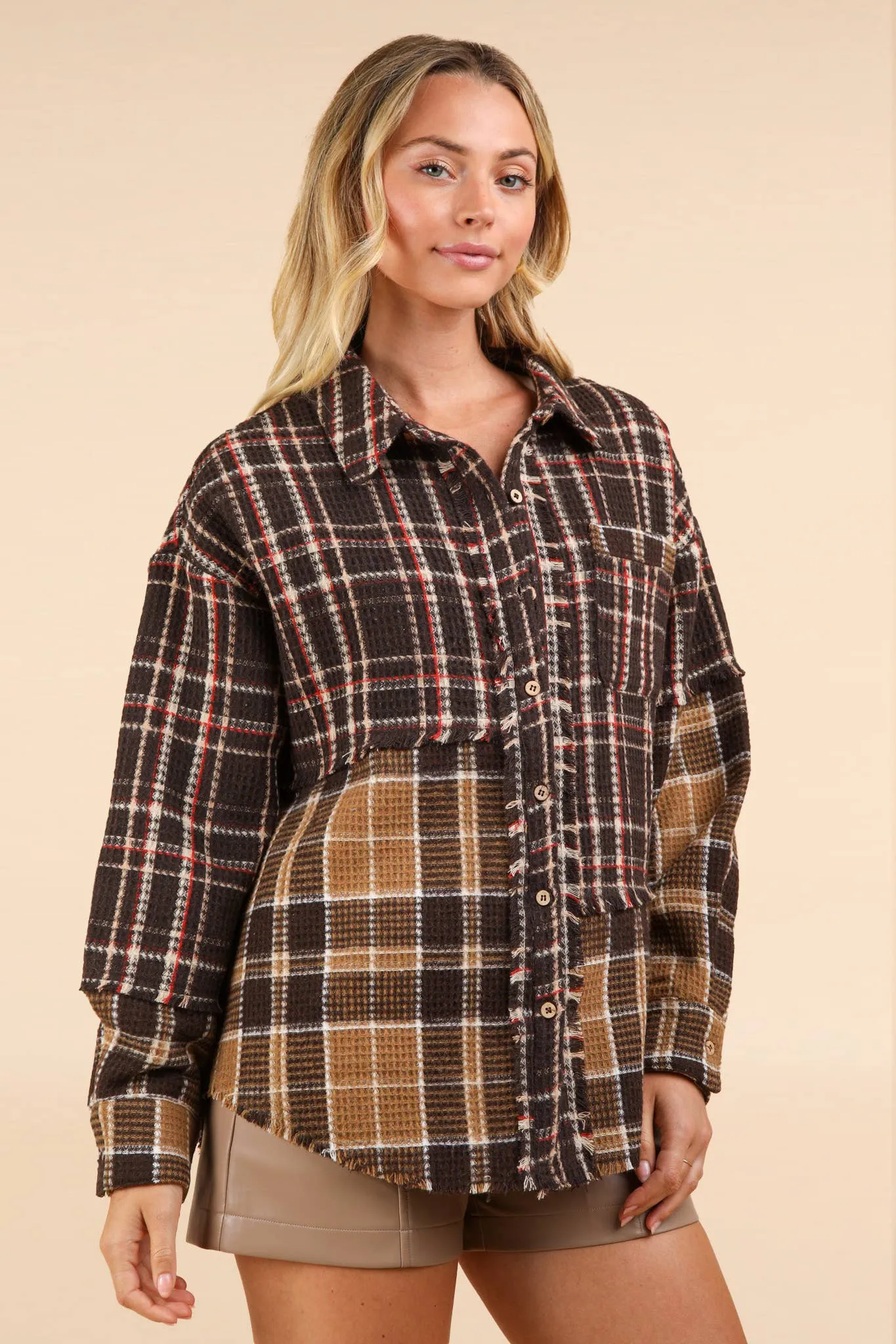 LONG SLEEVE MIXED PLAID BUTTON DOWN TOP WITH FRAYED HEM