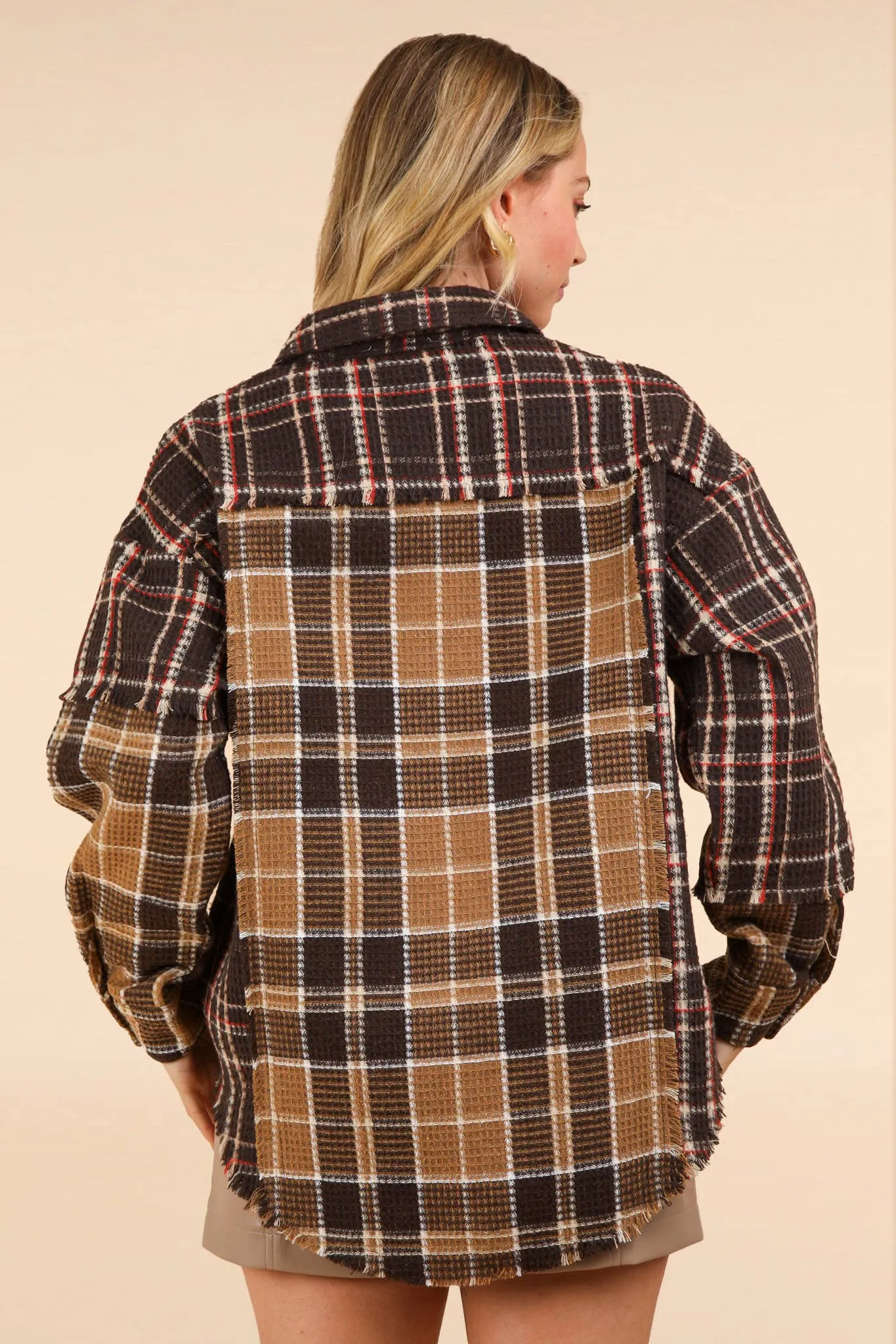 LONG SLEEVE MIXED PLAID BUTTON DOWN TOP WITH FRAYED HEM