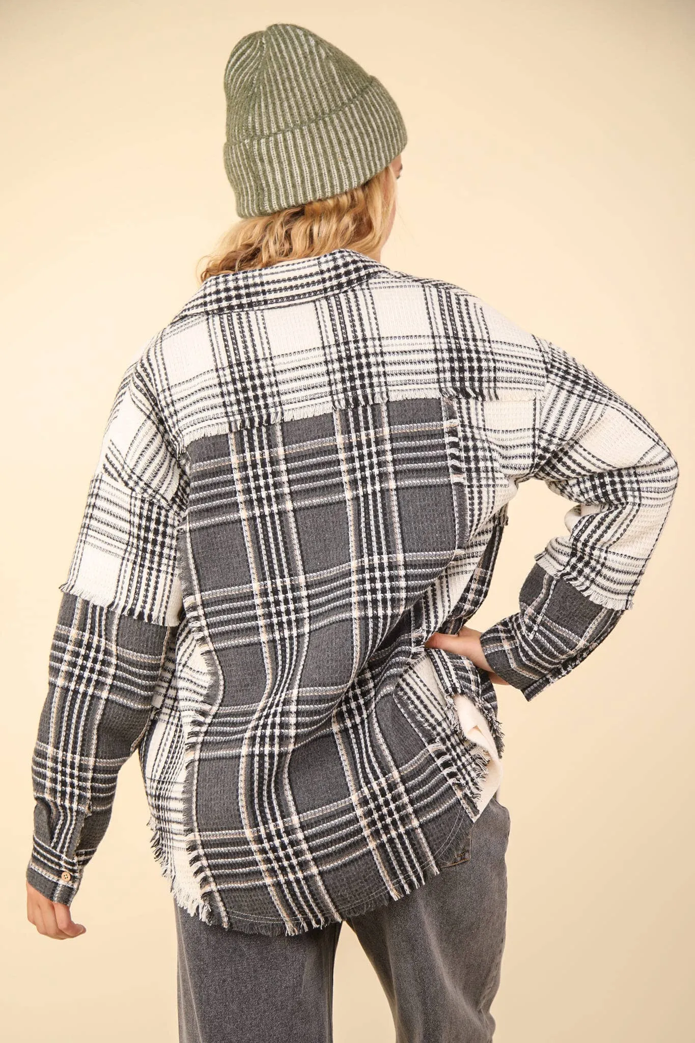 LONG SLEEVE MIXED PLAID BUTTON DOWN TOP WITH FRAYED HEM