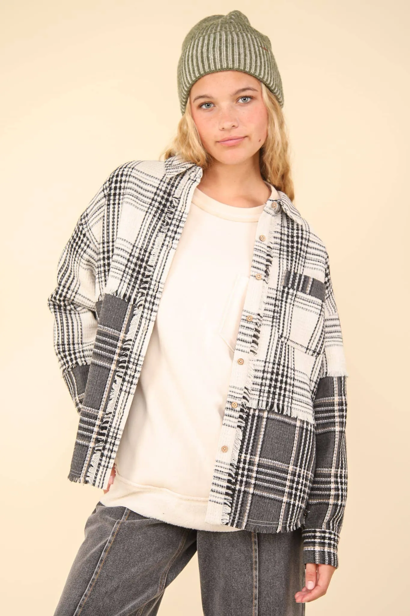 LONG SLEEVE MIXED PLAID BUTTON DOWN TOP WITH FRAYED HEM