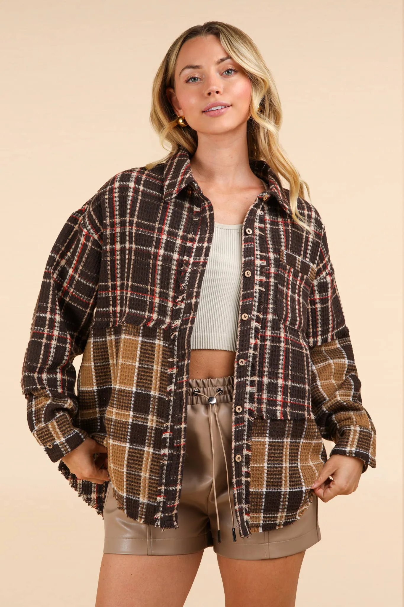 LONG SLEEVE MIXED PLAID BUTTON DOWN TOP WITH FRAYED HEM