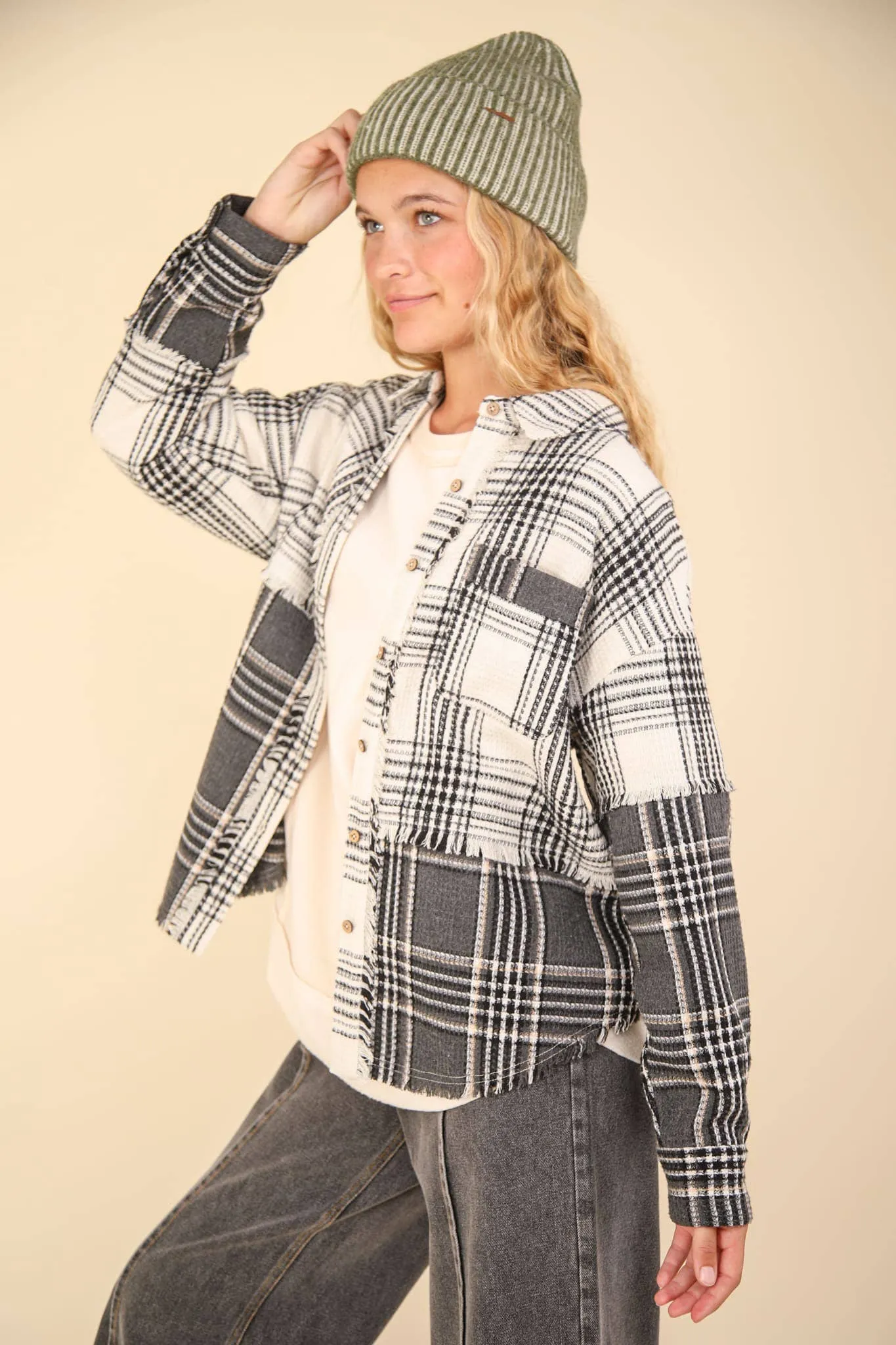 LONG SLEEVE MIXED PLAID BUTTON DOWN TOP WITH FRAYED HEM