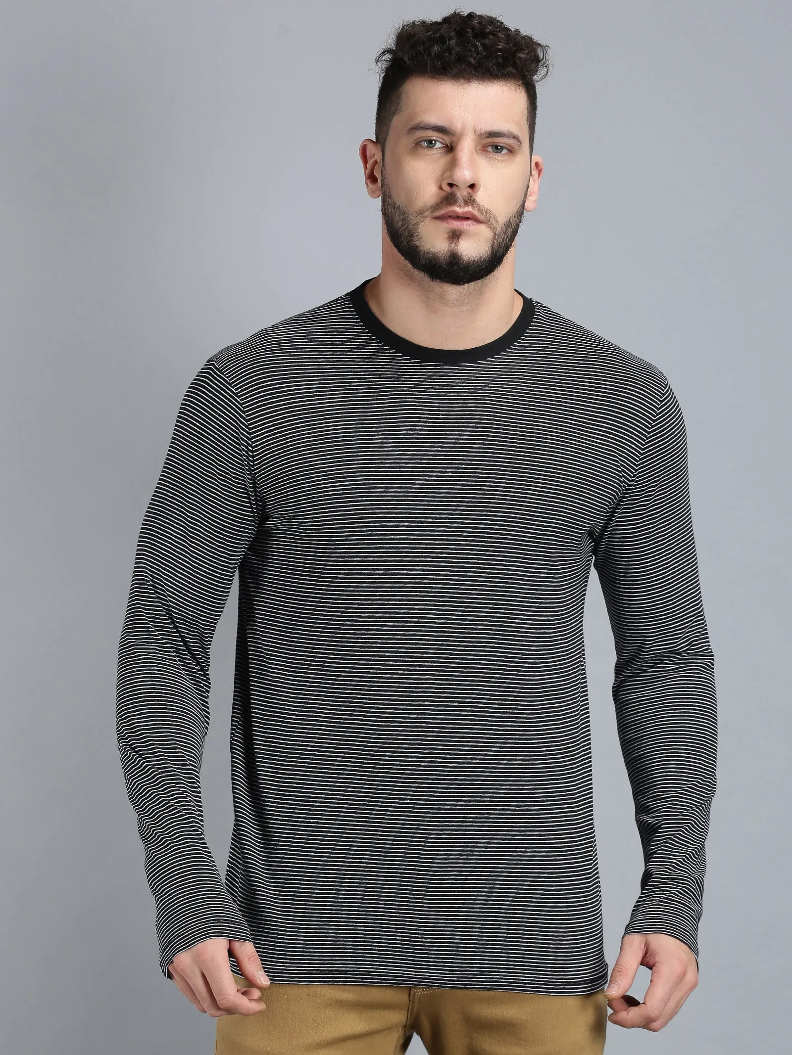 Men Black White Yarn Dyed Stripes Round Neck Recycled Cotton Full Sleeve Regular Fit Casual T-Shirt