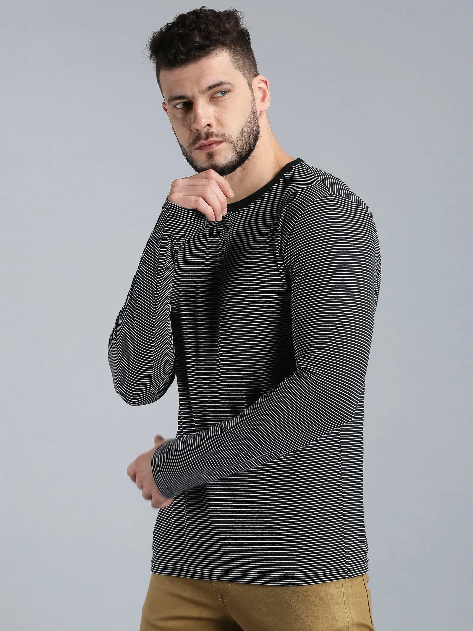 Men Black White Yarn Dyed Stripes Round Neck Recycled Cotton Full Sleeve Regular Fit Casual T-Shirt